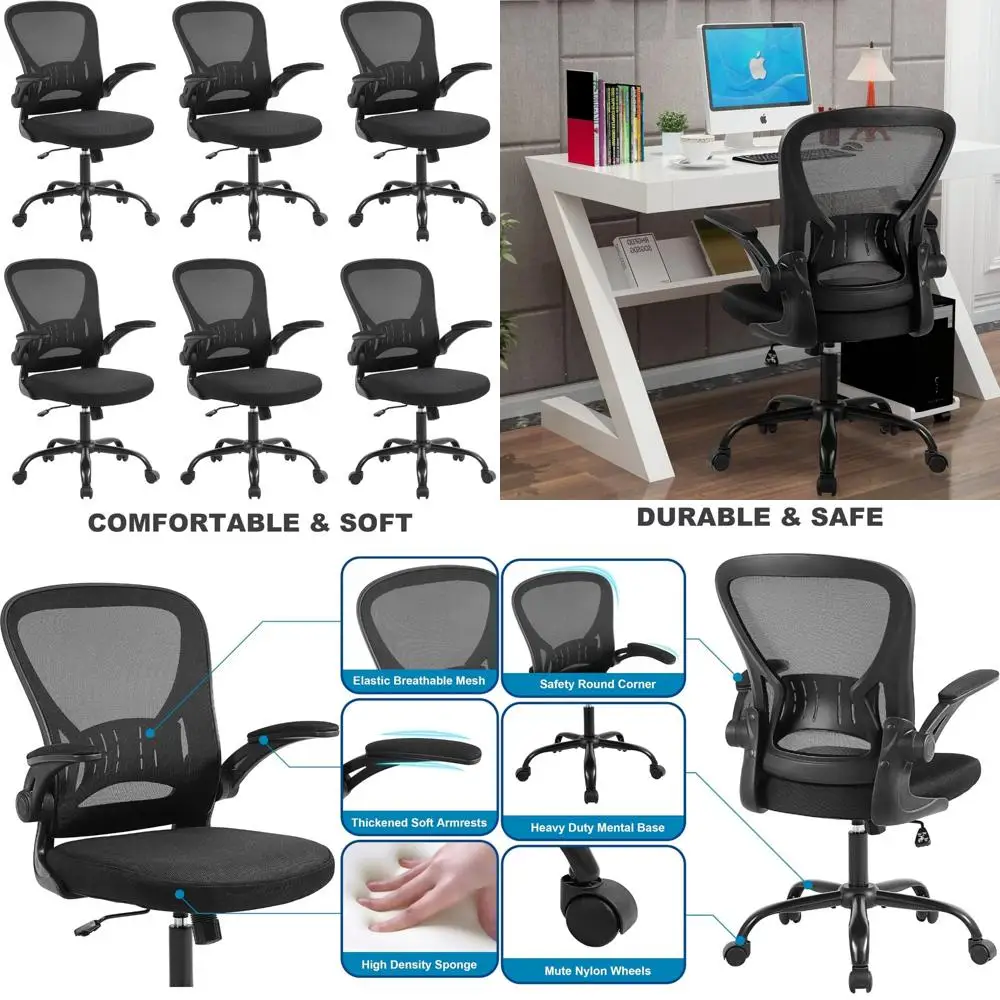 

Набор из 6 эргономичных офисных стульев для дома, с откидными подлокотниками, поясничной опорой и регулируемой высотой, черный