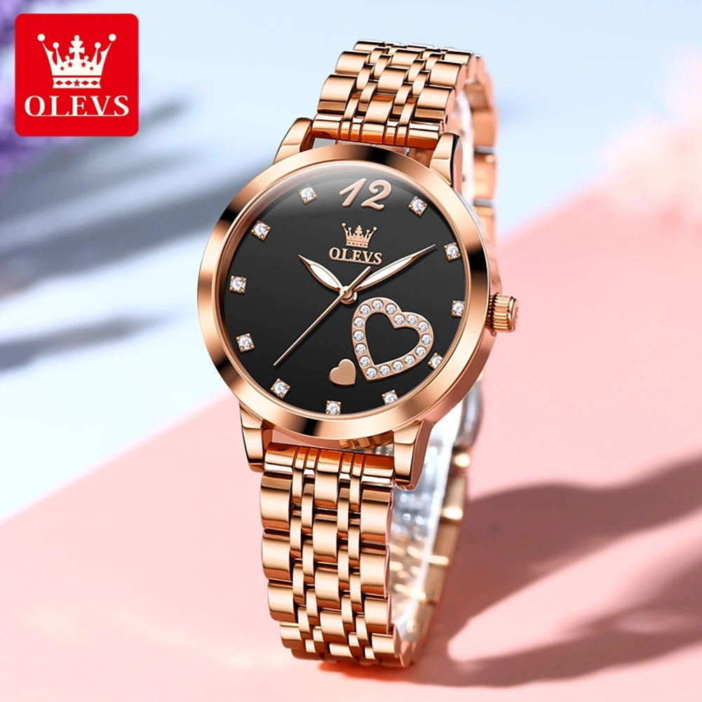 

OLEVS 5189, женские роскошные кварцевые часы с бриллиантовым циферблатом, элегантные водонепроницаемые женские часы из нержавеющей стали в форме сердца с ночником
