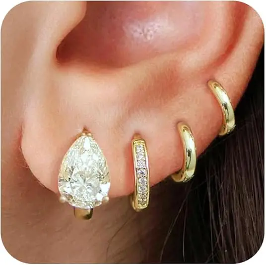 Gold Hoop Earrings Set for Women 4Pcs Statement CZ Cartilage Huggie Earring Stack Surgical Steel Hypoallergenic