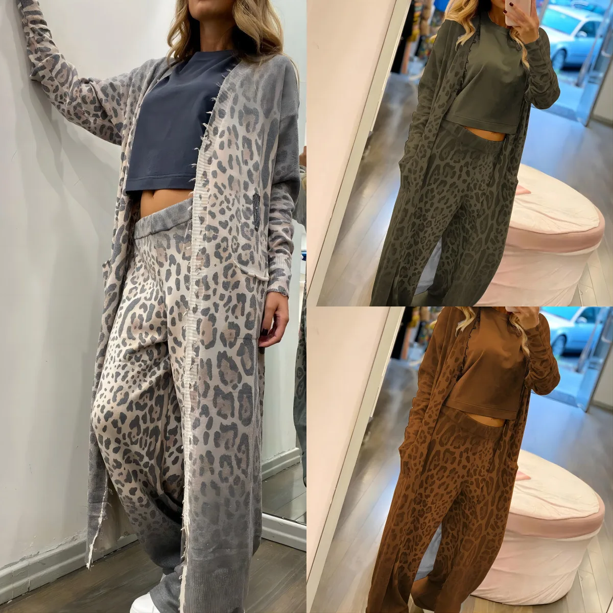 Conjunto de duas peças com estampa de leopardo para mulheres, jaqueta cardigã de manga comprida e calças largas, roupa casual para salão, moda primavera