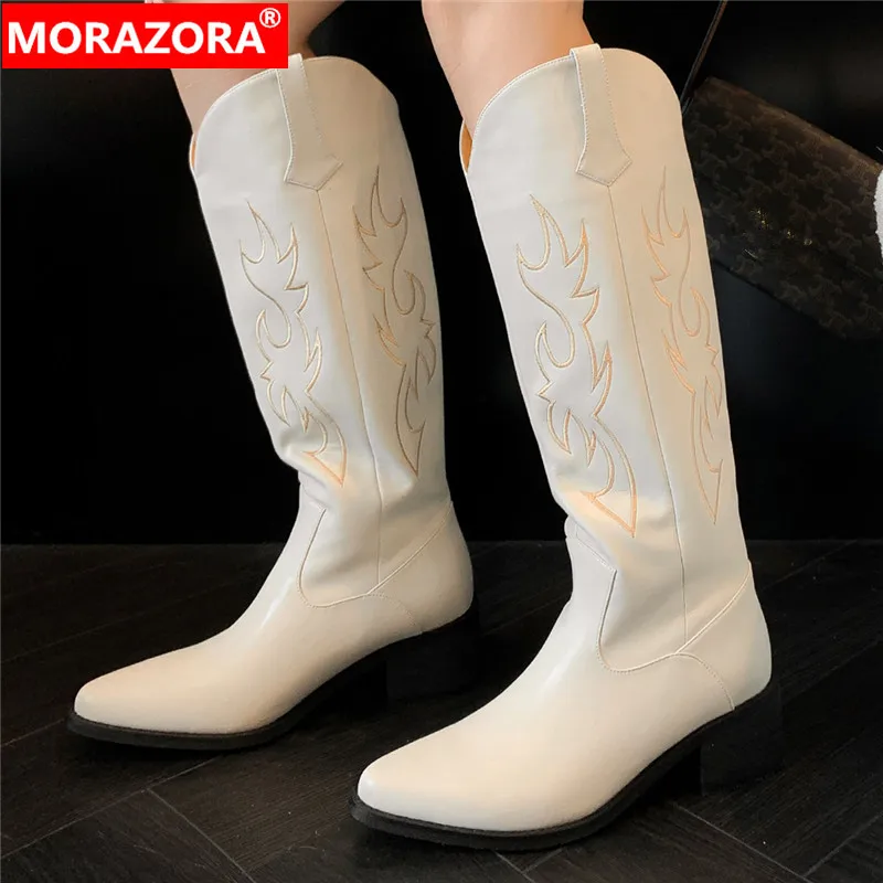 

MORAZORA 2024 Size 34-40 New Genuine Leather Autumn Boots Cool Female Slip On Women's Shoes Square Med Heels Western Boots