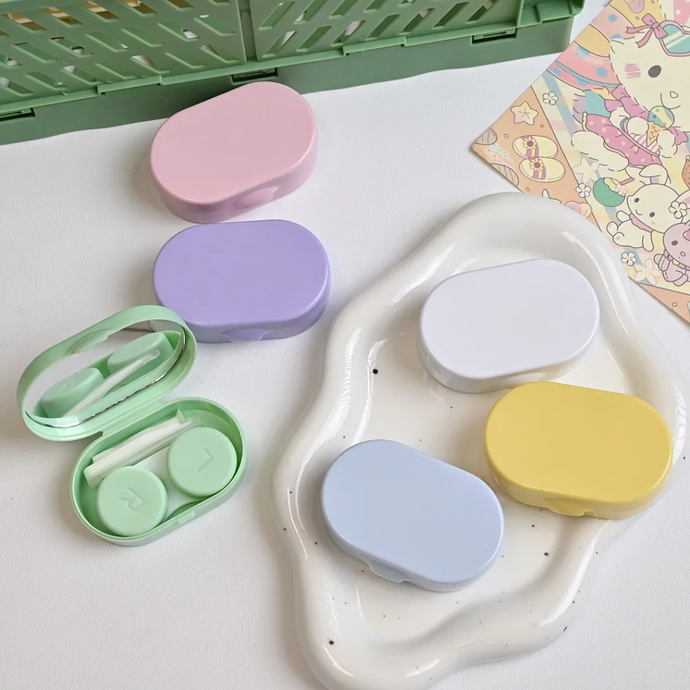Portable Creamy Color Contact Lens Case with Mirror Leakproof Mini Eye Care Kit Container Travel Storage Box for Women