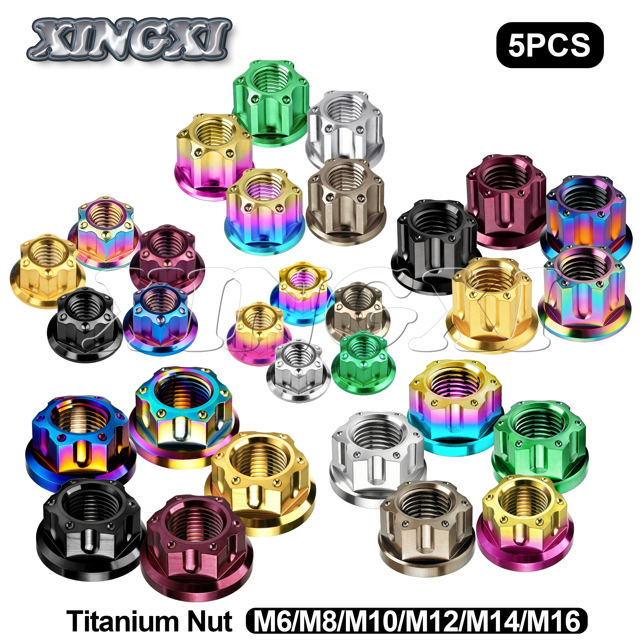 Xingxi 5Pcs Titanium Hex Flange Nuts Ti M6 M8 M10 M12 M14 M16 Nut For Motorcycle Bicycle Bike Brake Accessories
