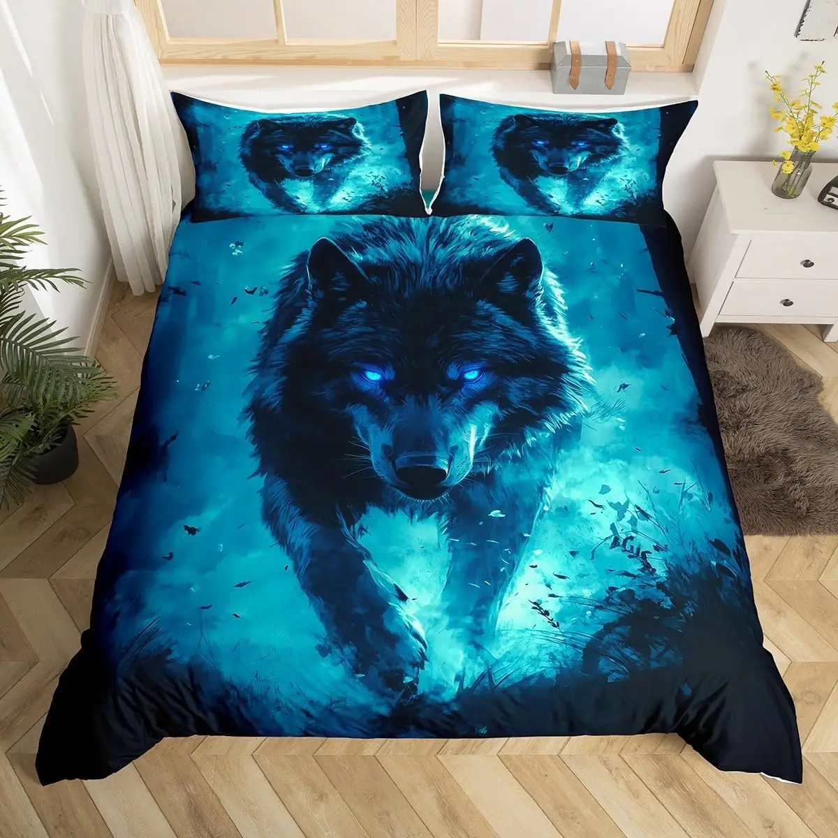 Kids Wolf Single Duvet Cover Set Blue Wolves Print Bedding Set With 1 Pillowcase Wildlife Animals For Boys Men