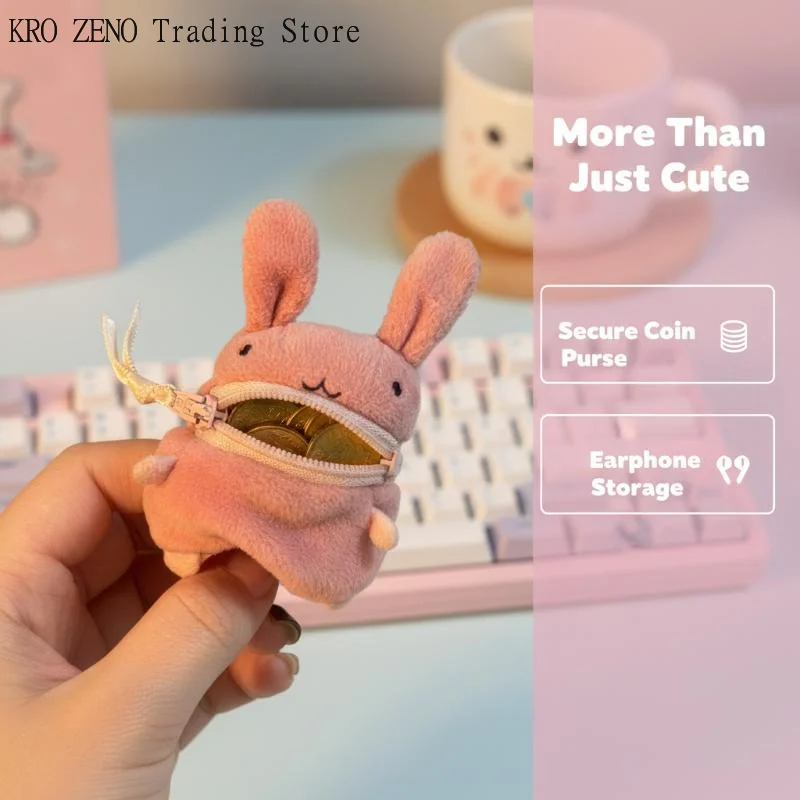 Mini Pink Fluffy Rabbit Coin Purse Keychain Bag Charm Cute Cartoon Headphone Case Storage Bag Gift Creative Festival Supplies