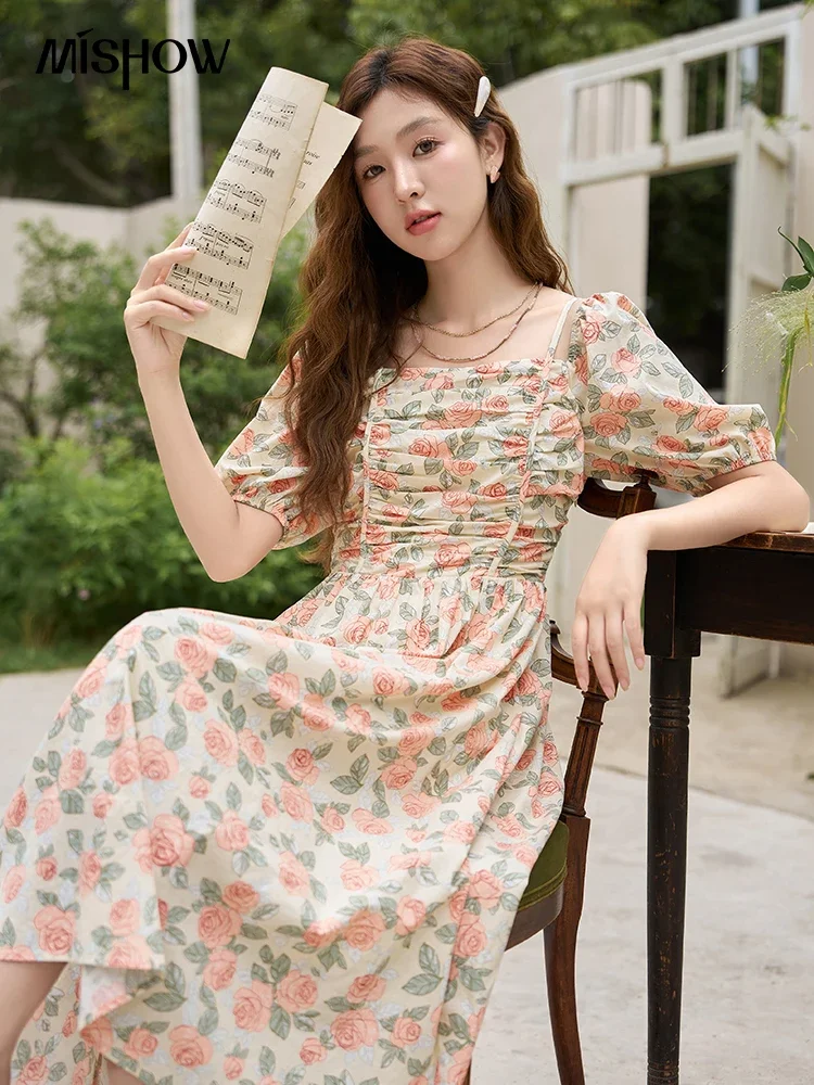 MISHOW Floral Dress 2023 Summer French 100 Cotton A-LINE Puff Sleeve Slash Neck Square Neck Folds Waist Long Dresses MXC33L1397