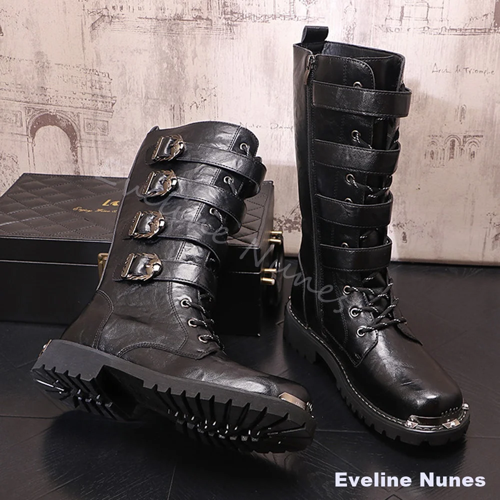 Metal Round Toe Motorcycle Boots Men Black Cross Tied Belt Buckle Chunky Heel Punk Boots Outdoor Street-style Mid-calf Boots