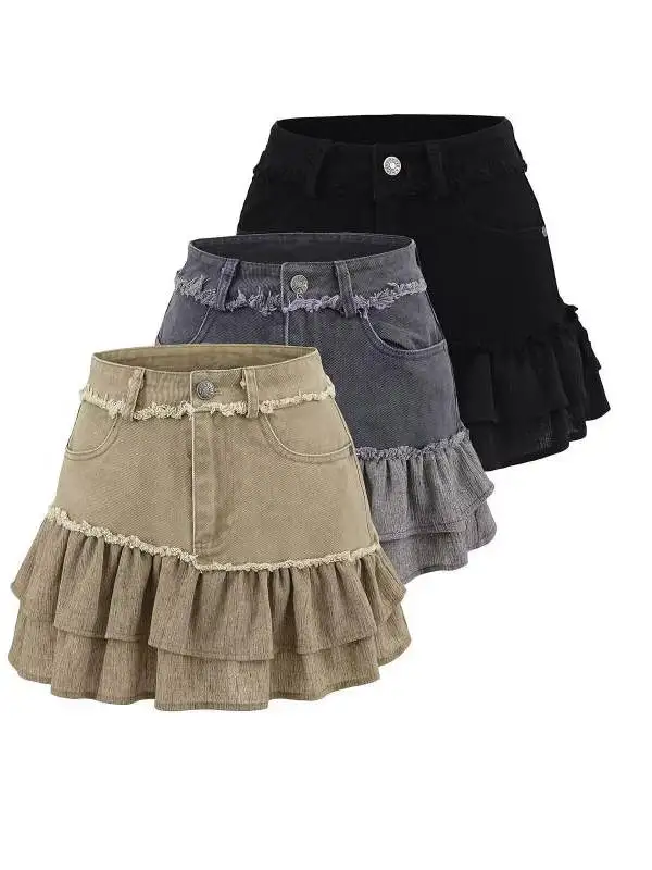 Retro American Waed Denim Skirt Women's Summer f-length Irregular ort Skirt High Waist Street Sle  Color