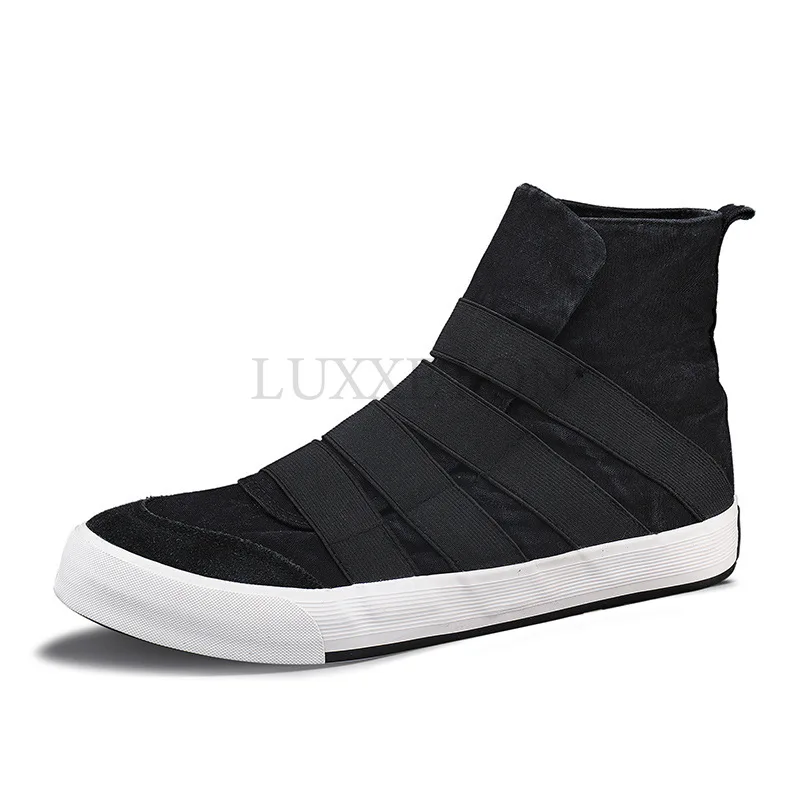 Men Vulcanized Canvas Shoes Fashionable High Top Lightweight Elastic Band Flat Soled Outdoor Sports and Casual Shoes for Men
