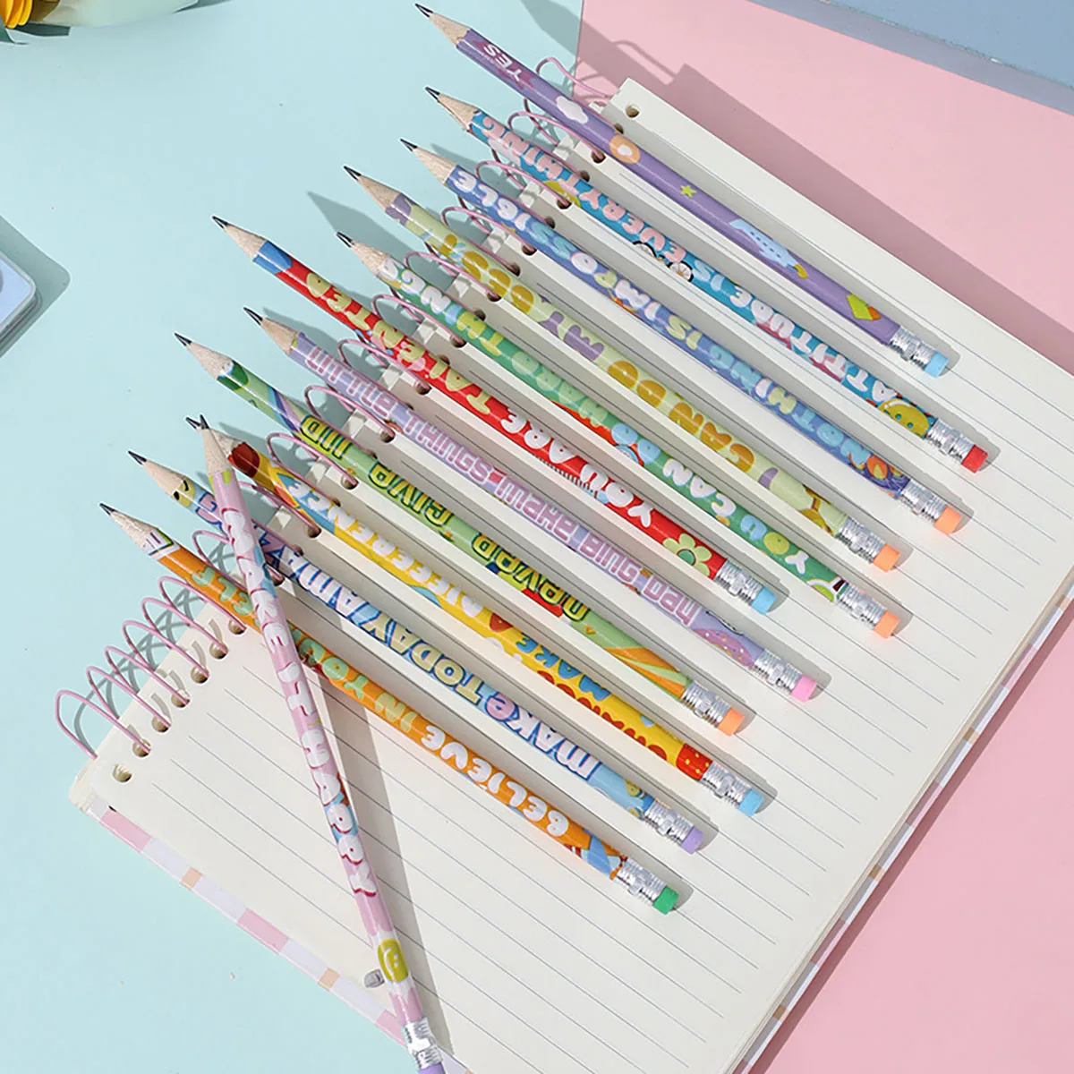 36/60/90/130 Pieces of Fun Cartoon English Wooden Pencils, Hb, for Students, Classroom, Back-To-School, Birthday Gifts, Colorful Print, Cap with Eraser, Suitable for Teacher Classroom Rewards, Party Supplies, Christmas Gifts, New Year Gifts