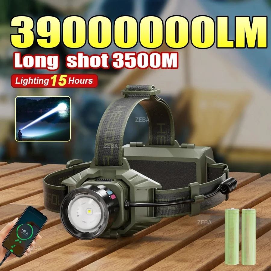 39000000LM Most Powerful LED Headlight Strong Light 3500M Head Torch Rechargeable Head Flashlight Outdoor Fishing Camping Lanter