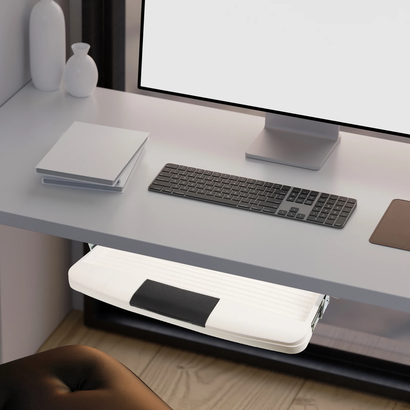 

Keyboard Tray under Desk White Color Rotatable Mouse Pad Large Space Ergonomic Typing Wrist Relief Sturdy Material Long Term Use