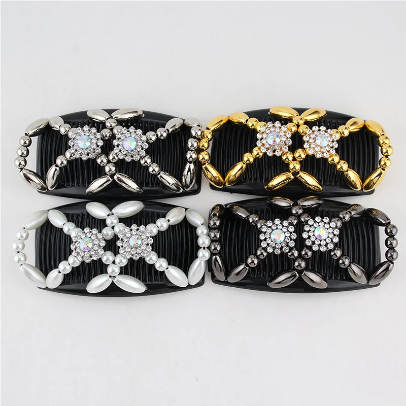 

Double Hair Beads combs Shiny Rhinestone Claws Magic Tuck Comb Updo Accessories Elastic Headwear Bun Ponytail Holder DIY 2PCS
