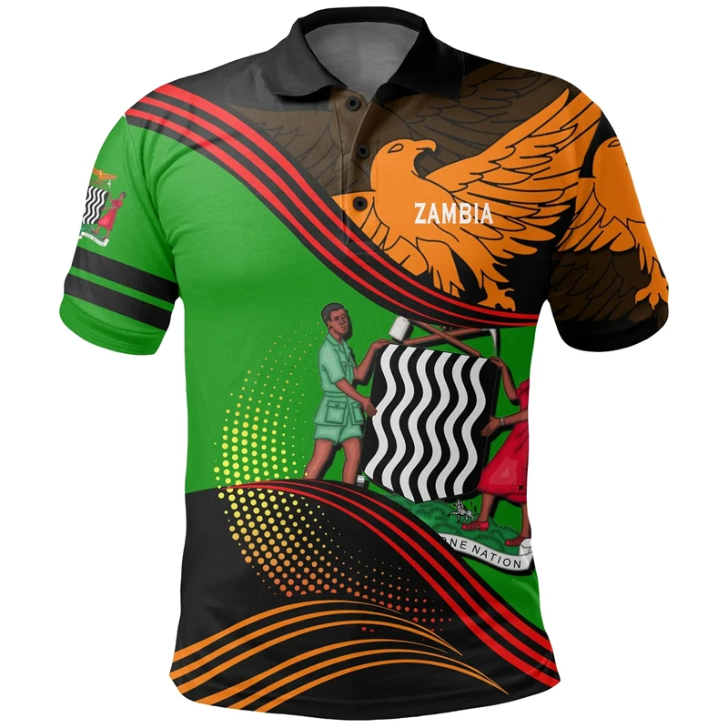 Zambia Flag Map 3D Print Polo Shirts For Men Clothes Africa Boy Short Sleeve POLO Shirt Coat Of Arms Jersey National Emblem Top