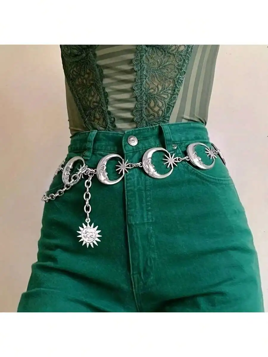 

Retro Sun, Moon & Star Pendant Waist Chain, Single Layer Metal Belt Chain, For Women Summer, School Fall, Autumn, Halloween