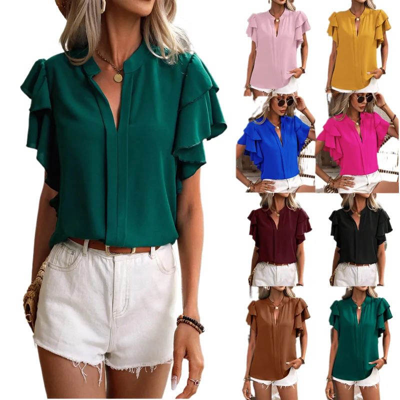 

2024 Summer New Style V-Neck Women's Clothing Casual Double Layer Lotus Leaf Sleeve Solid Color Shirt Top For Cross Border