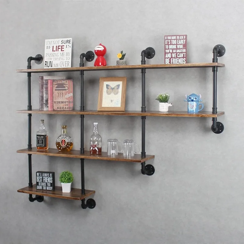 رفوف الأنابيب الصناعية ذات 4 طبقات مقاس 63 بوصة، أرفف عائمة ريفية، أرفف مثبتة على الحائط مع رف النبيذ، جدار مزخرف