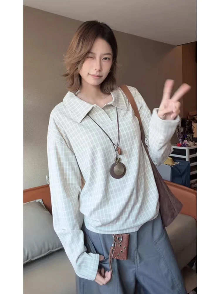 

Американская футболка с длинным светом и клетчатым воротником, мужская модная брендовая свободная футболка с высоким весом, балансировочный свитер