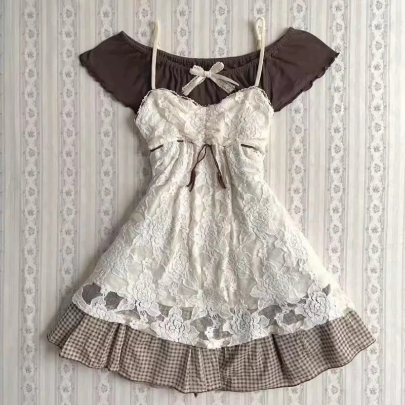 

Summer Sweet Vintage Skirt Set Women Sexy Off Shoulder Bow Tops + Cute Outerwear Lace Strap Vest + Y2k Retro Plaid Mini Skirt