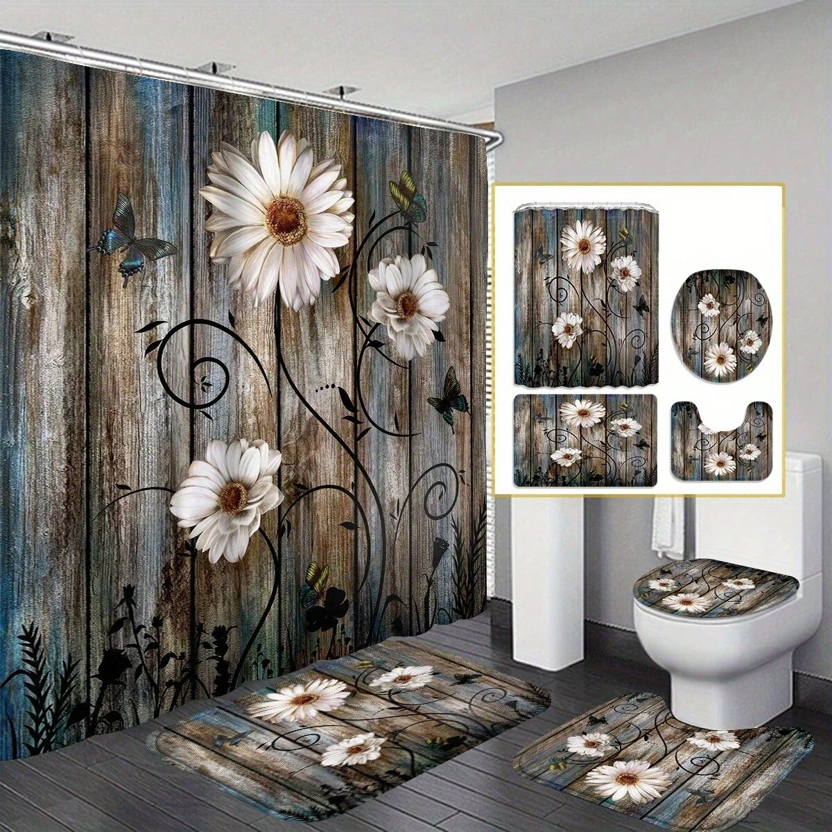 4-Piece Shower Curtain Set - Delicate Small White Flowers On Wood Grain Design, Complete Bathroom Ensemble With Coordinated