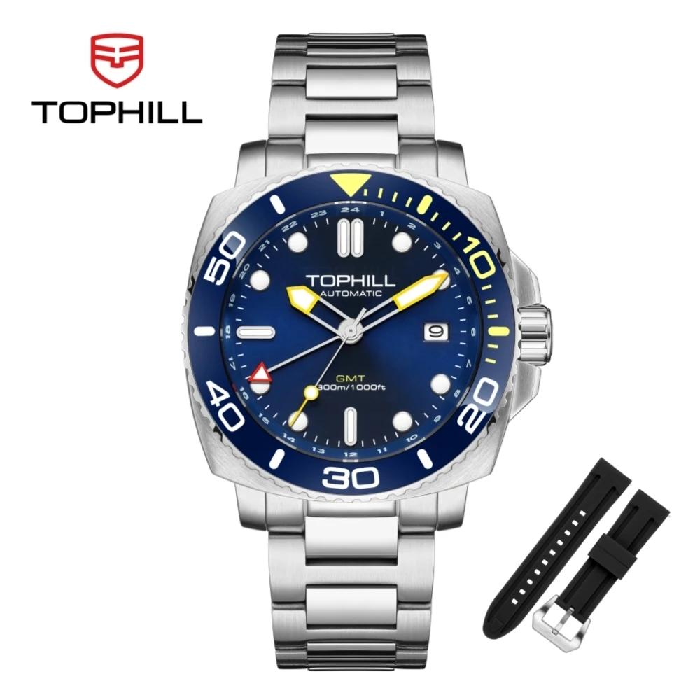TOPHILL Luxury Watches For Men NH34 GMT Automatic Helium Escape Valve BGW9 C3 Luminous Sapphire Glass 300M Waterproof TD012G