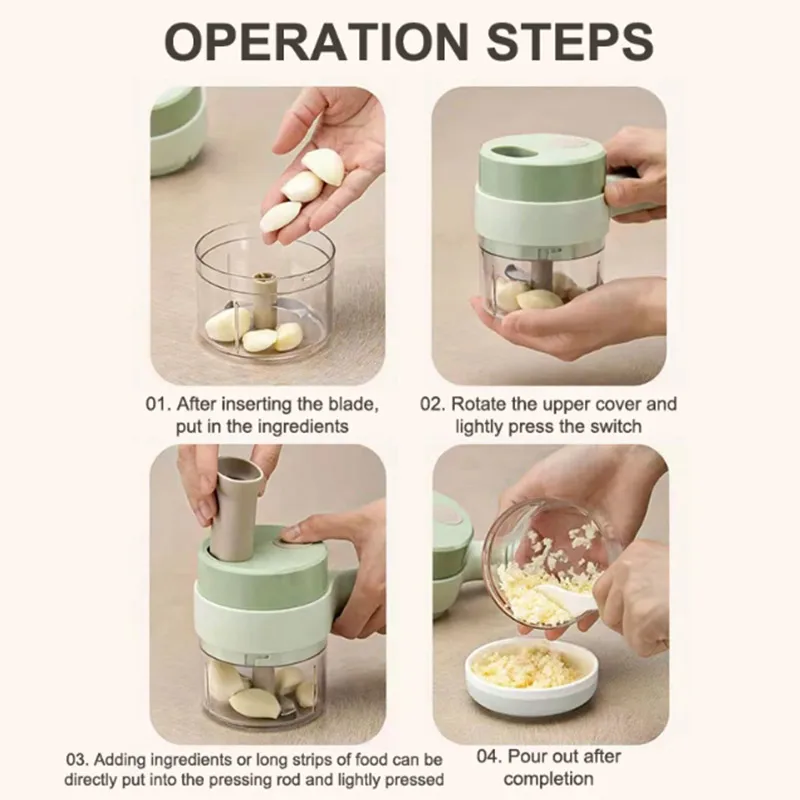 4 In1 الكهربائية قطاعة الخضراوات مجموعة يده اللاسلكية الكهربائية الثوم مهروسة الطعام المروحية مفرمة اللحم آلة الغذاء قشر شريحة