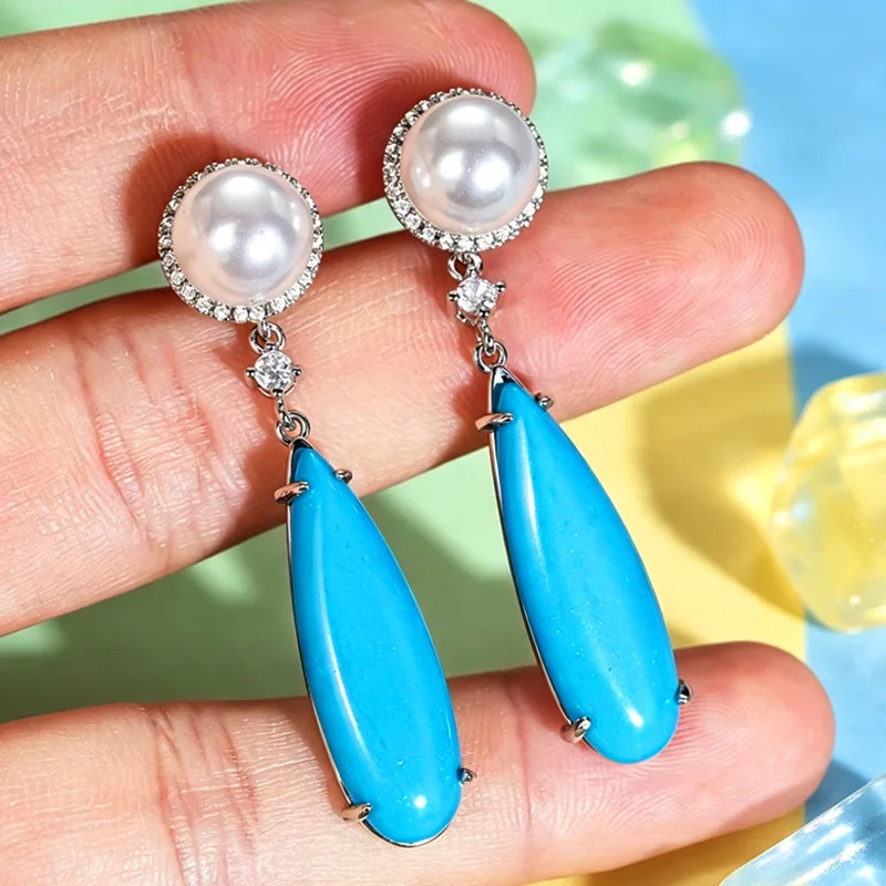 2026 New European and American Ethnic Style Earrings, Retro Fashion, Turquoise for Attending Banquets, Pearl Design Accessories