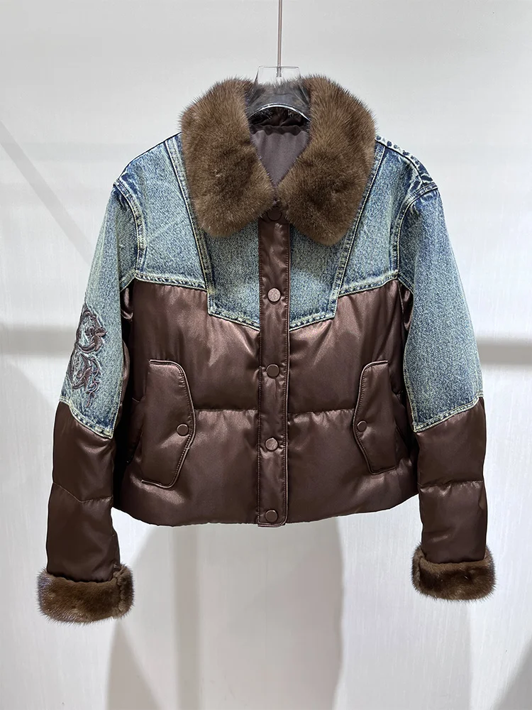 

2025 New Winter Women's Real Mink Fur Collar Natural Goose Down Coats Denim Jacket Luxury Female Outwear Jacket Hot Sale