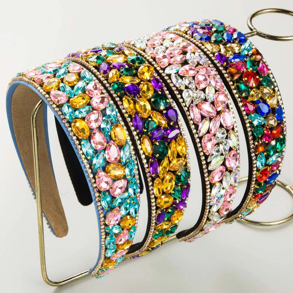 

Baroque Full Rhinestone Headbands Colorful Crystal Hairband Wide Edge Non-Slip Hair Hoop Headwear Sparkly Hair Accessories