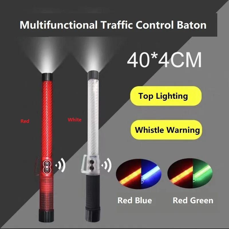 Red White PC Rechargeable Style LED Traffic Safety Baton Whistle Emergency Ann Glo-sticks Warning Flashing Light