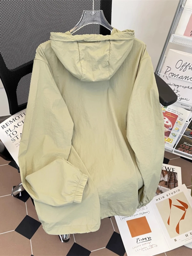 Unisex Street UV Sunscreen Hiking Jacket Men Women Lightweight Ripstop Oversized Hooded Drawstring Full - Zip Summer Coat Top