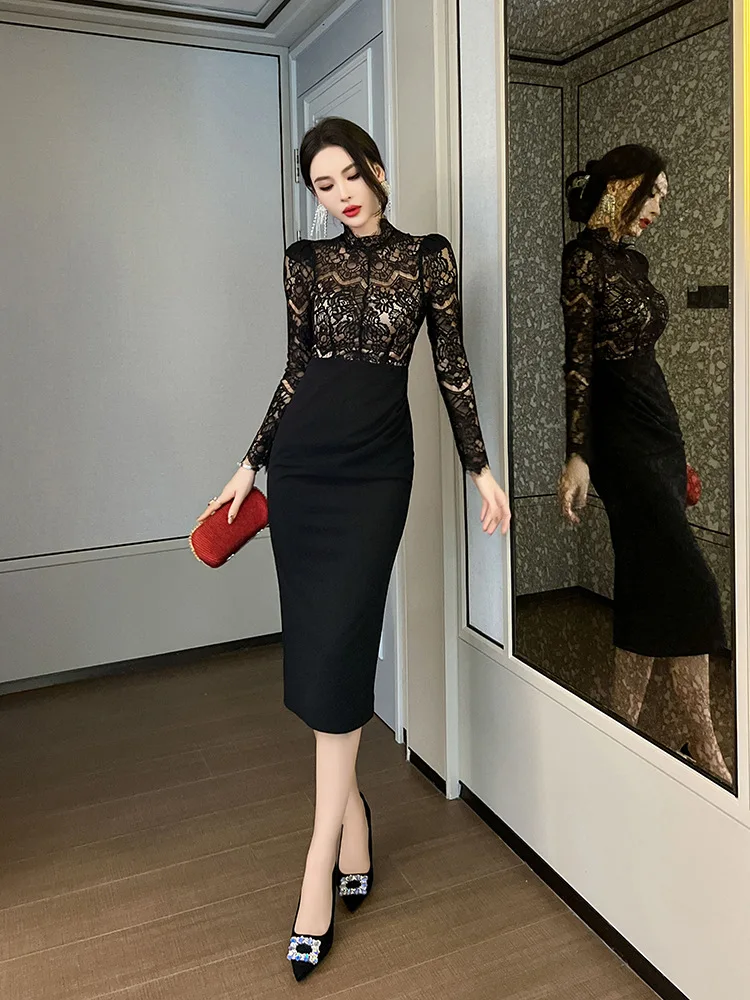 

Coigarsam Elegant Dresses For Women New Office Lady Patchwork Solid Lace High Waist Stand Neck Black Dress