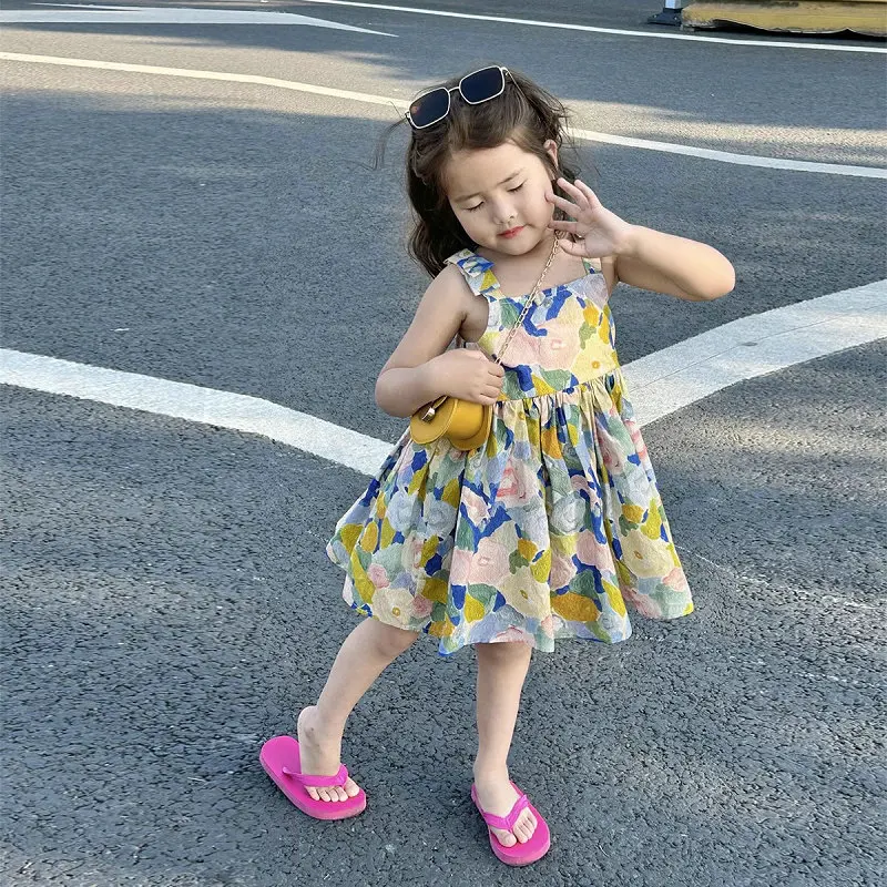 

2025 New Summer Girls Princess Dress with Floral Stretch Fabric, Comfortable Elastic Flower Dress for Little Girls Party Wear