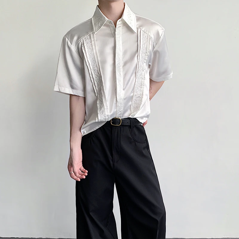 WTHT Trendy Men's Patchwork Pleated Embroidery Shirts Fashion 2026 Summer Short Sleeves Lapel Loose Tops Male 2A2841