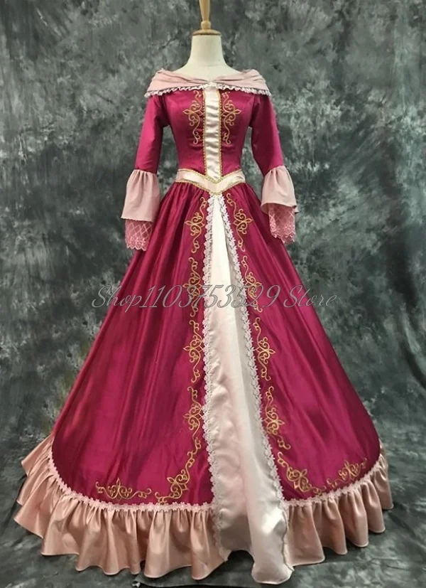 Customized Burgundy Victorian Prom Dress Vintage Long Sleeve Embroidered Lace Bodice Ruffle Ruffles A-Line Role Play  Ball Gowns