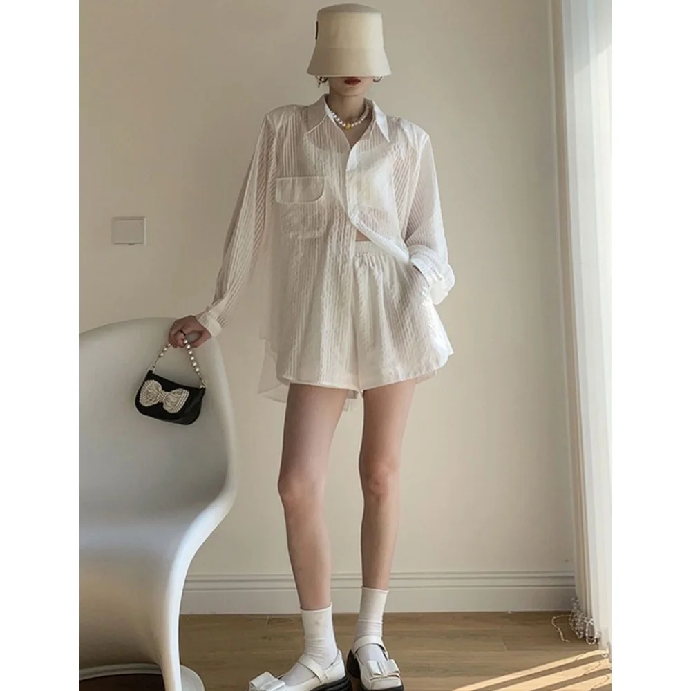 ผู้หญิงฤดูร้อนบางครีมกันแดดเสื้อ Crop SLING Tops สั้นกางเกง 3 ชิ้นชุดเลดี้ Casual Stripe POLO เสื้อกั๊กกางเกงชุด