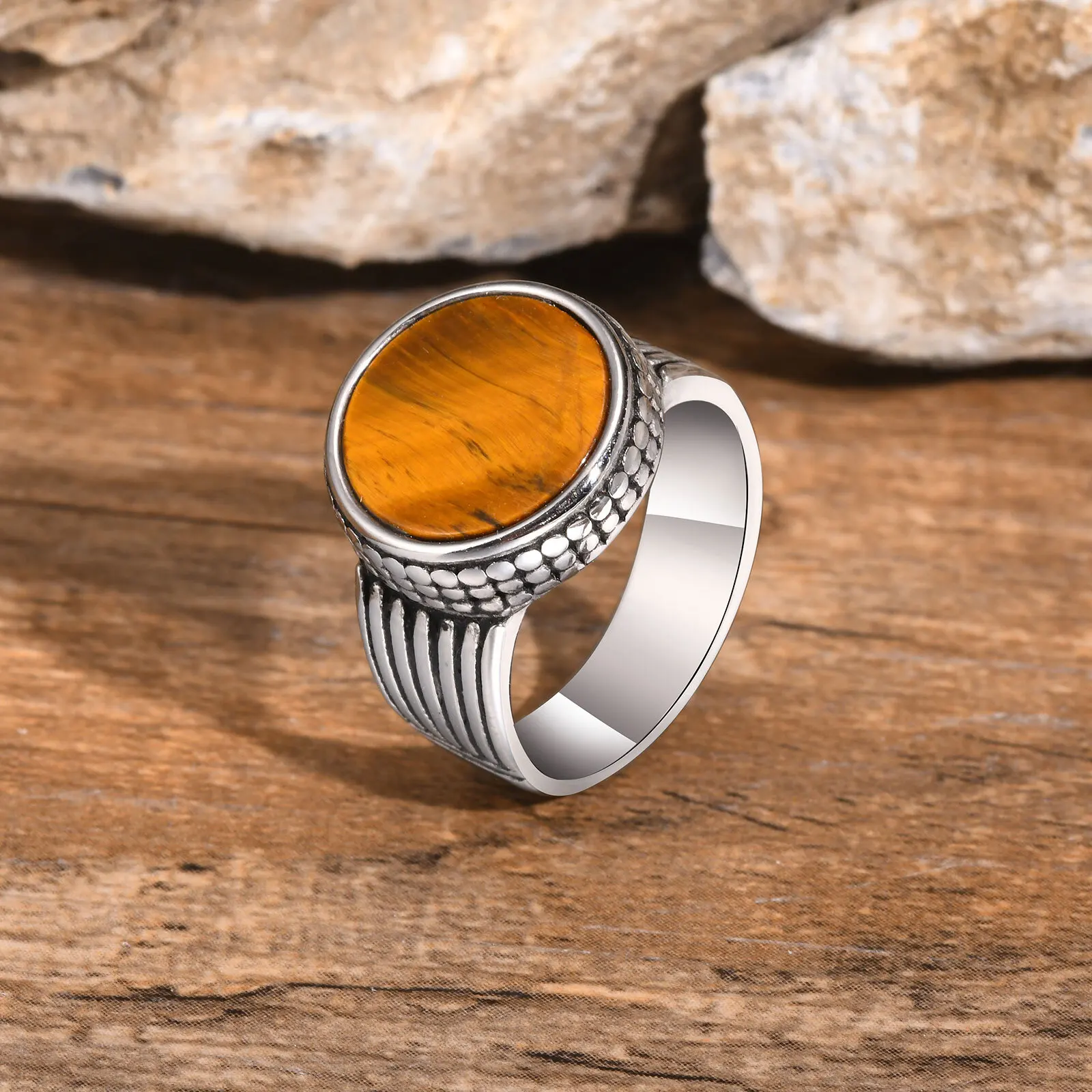 Tiger Eye Stone Ring for Men Boys,Waterproof Never Fade Round Stainless Steel Ring Signet Rings,Stylish Jewelry Gifts