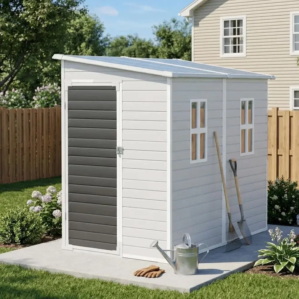 Gray 8x4 Plastic Storage Shed with Floor Window for Outdoor Garden or Tool Storage