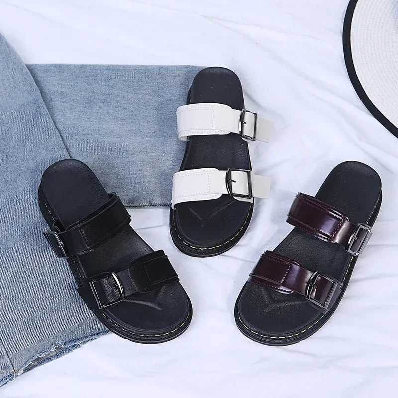 Fashion Sandals Women PU Leather Metal Detailed Buckle Strap Plus Size 43 Summer Beach Ladies Mid-heel Shoes Luxury Sandalias