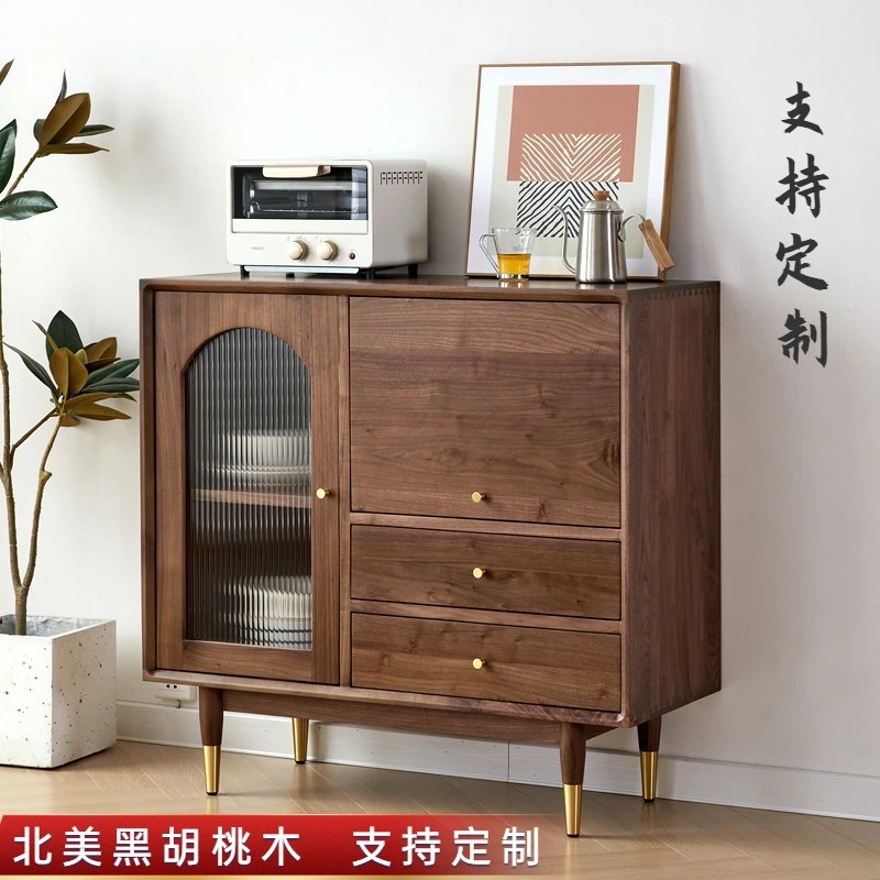 Black walnut side cabinet, multifunctional storage cabinet, cherry wood dining room wall-edge solid wood sideboard