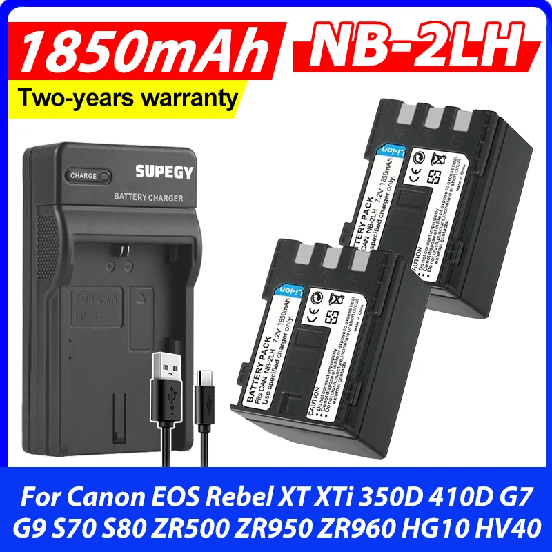 NB-2LH NB 2L 2LH NB-2L Battery + Charger 1850mah for Canon EOS Rebel XT XTi 350D 410D G7 G9 S70 S80 ZR500 ZR950 ZR960 HG10 HV40