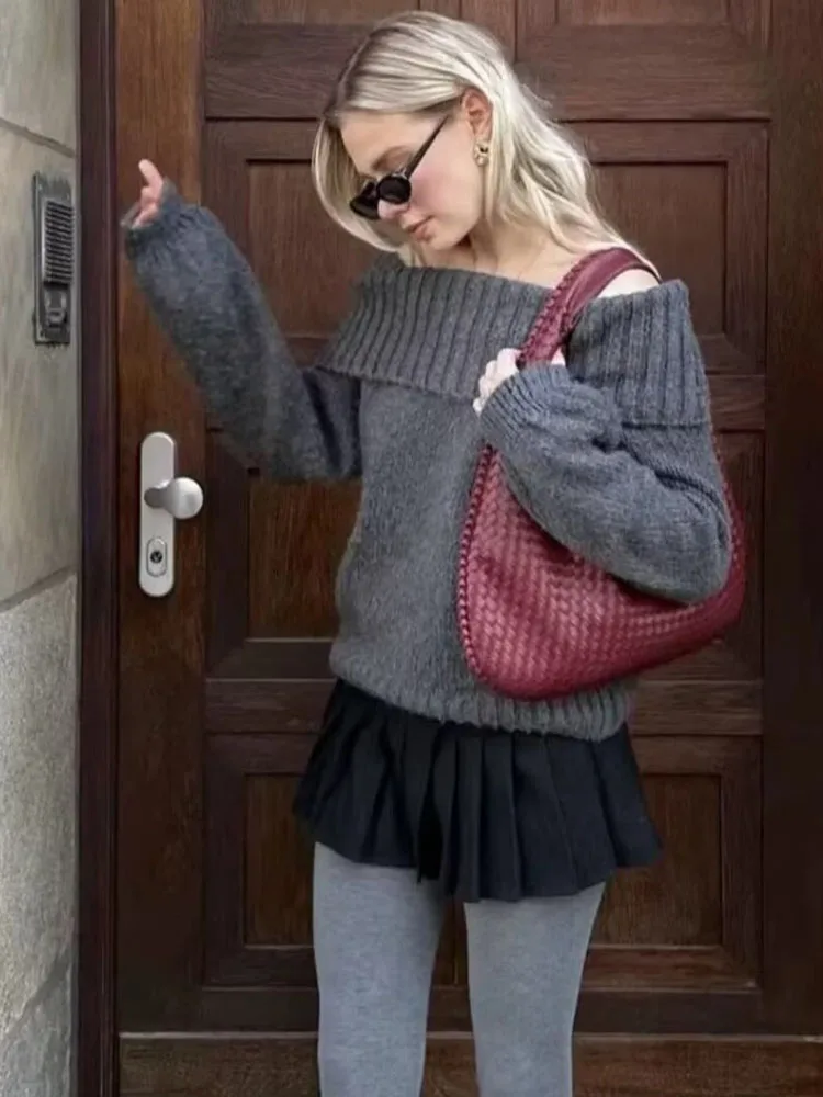 HH femmes automne nouvelle mode revers une épaule pull pull femme haute rue décontracté ample solide tout-Match haut français
