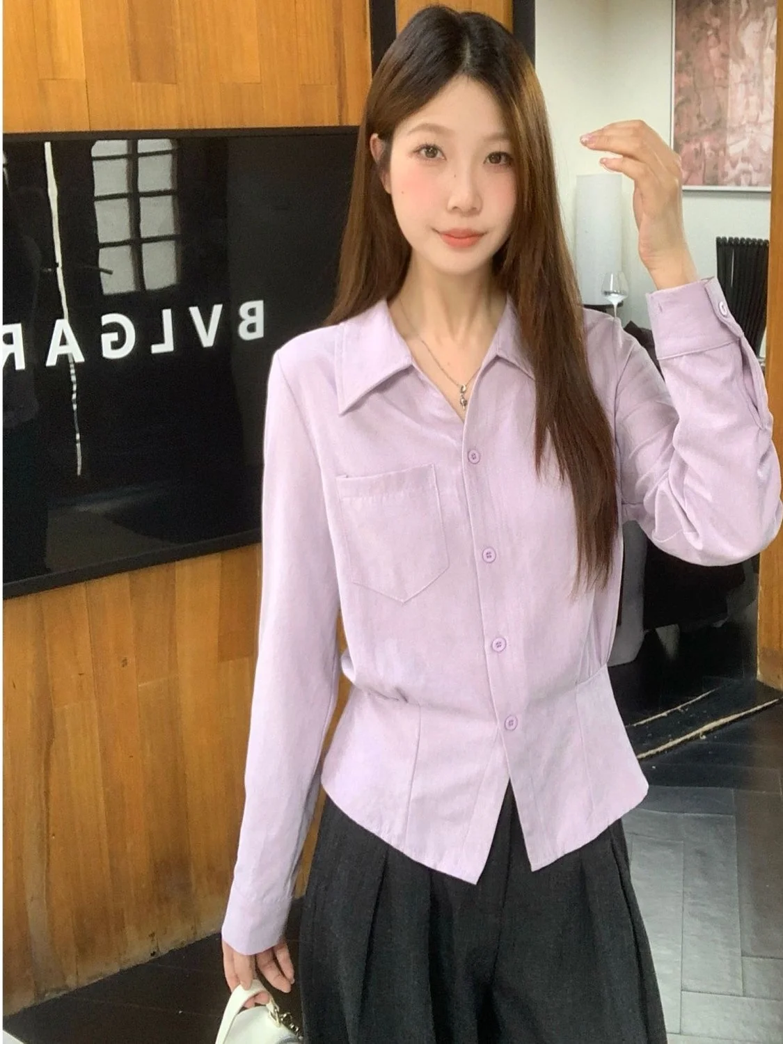 

Женская блузка Slim Fit с длинным рукавом, воротником-стойкой, приталенная, в корейском стиле, больших размеров, для делового повседневного образа, элегантная, универсальная