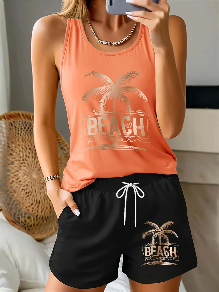 Women's Summer Hawaiian-Style Sleeveless Tank Top Set Round-Neck Coconut Tree Letter Print Casual Two-Piece Set Pajama Set