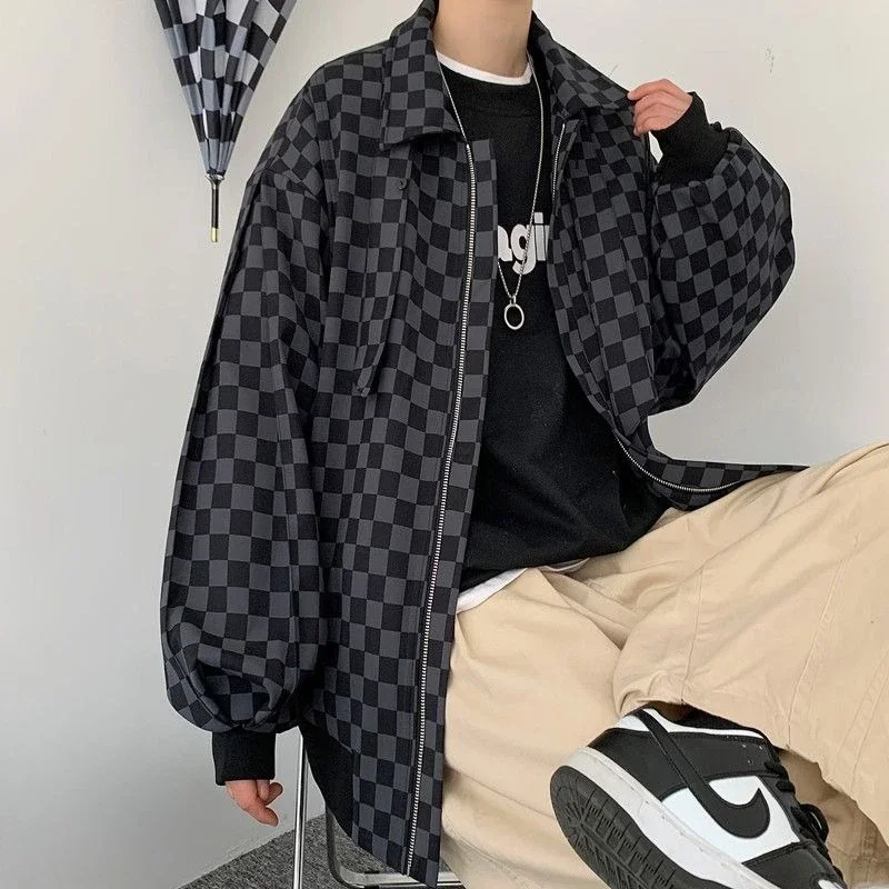 

Винтажная мужская бейсбольная куртка «Шахматная доска», легкое осеннее пальто с воротником-стойкой, европейские уличные тенденции 2025 года