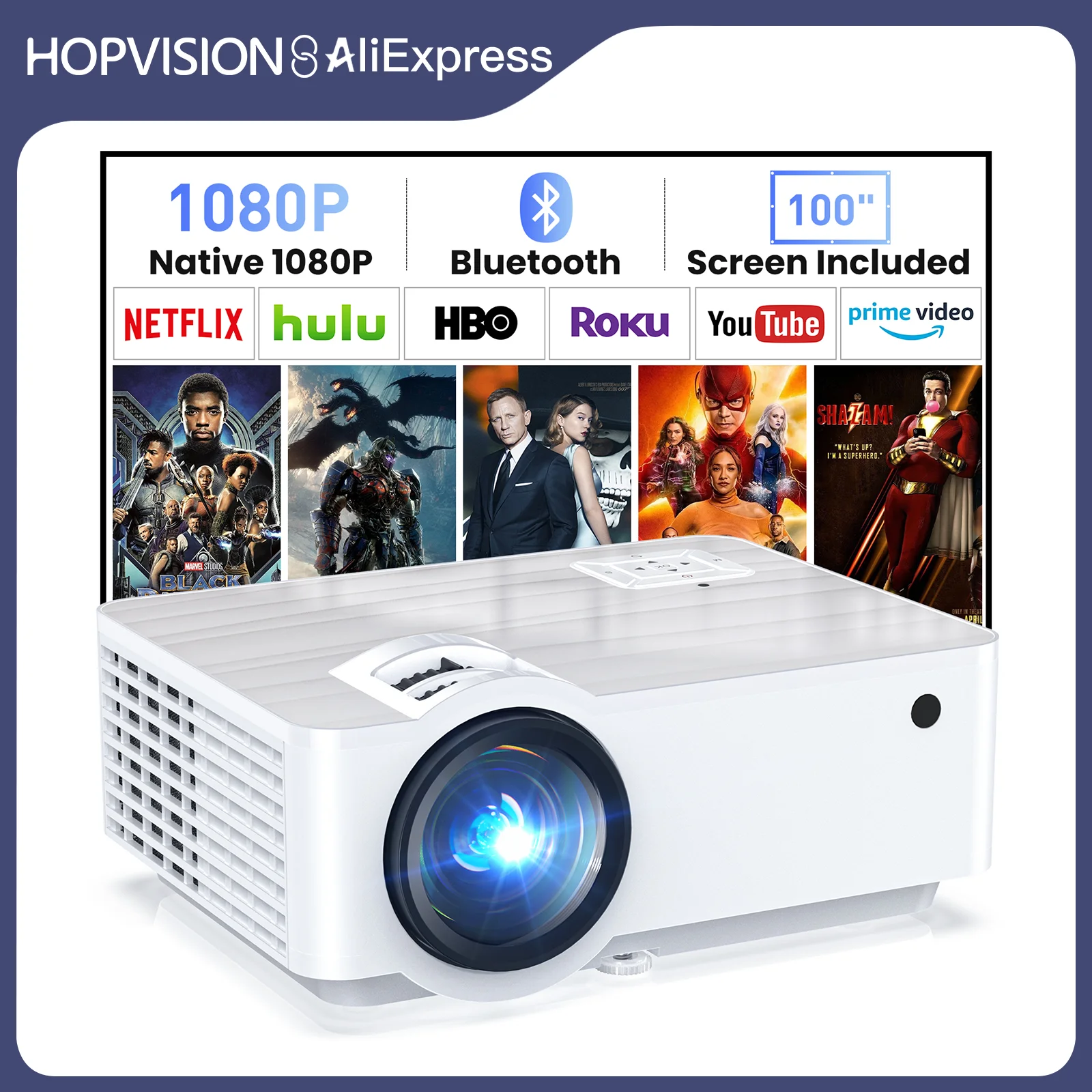 HOPVISION Projector, Full HD 1080P Projector Bluetooth 5.1, Portable Mini Projector 4K Home Cinema Support