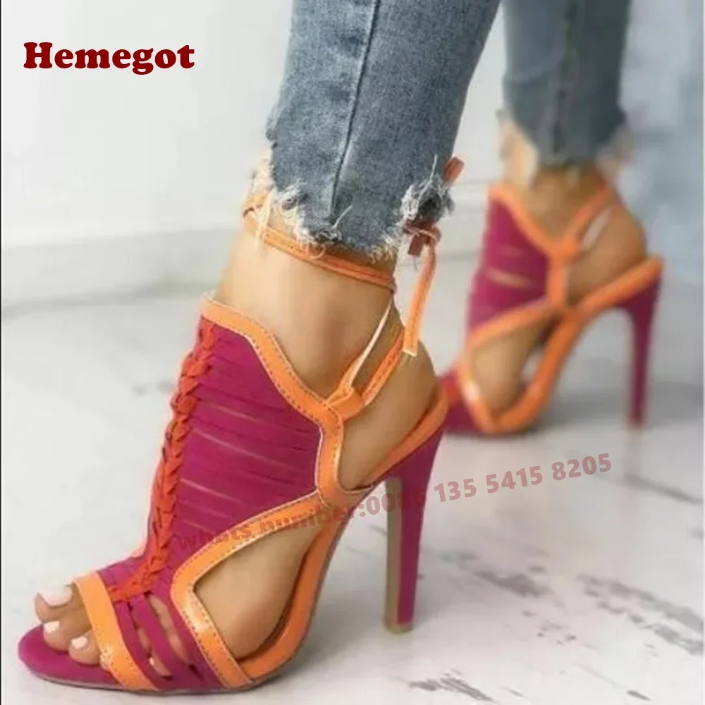 

Magenta Splicing Lace Up Sandals 2026 New Open Toe Stiletto Heels Women's Sandals Cross Strappy Side Air Cut Out Summer Shoes