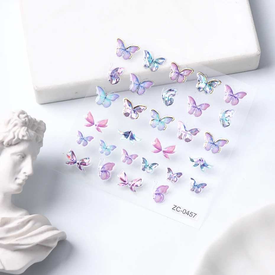 3 قطعة/المجموعة 5D الثلاثية الأبعاد فراشة مسمار ملصقا الفضة الليزر بريق الربيع المتزلجون الأظافر الشارات مسمار الفن زينة مانيكير