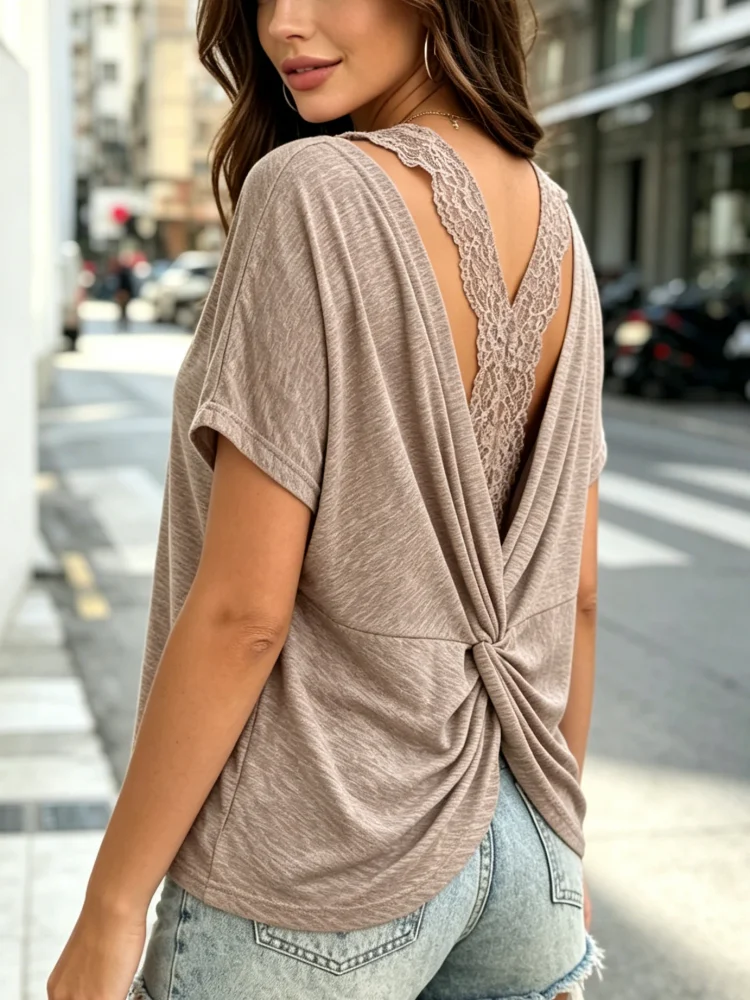 New Women's Twisted Back Lace T-shirt Summer Fashion Loose Shirt V-neck Hollow Back T-shirt Short Sleeve Casual Lightweight Top