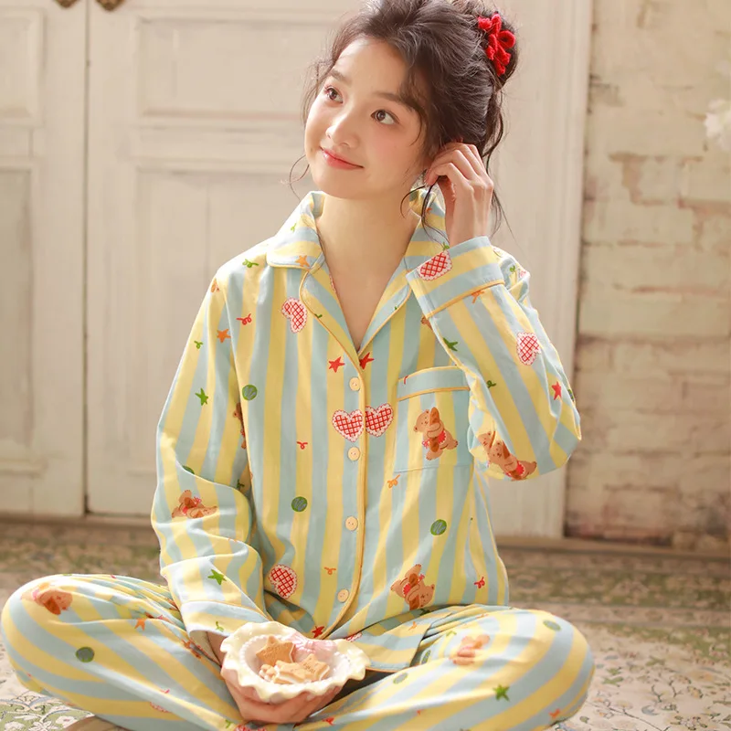 

Женский японский милый стильный комплект одежды для сна из чистого хлопка и марли с длинными рукавами, весенне-осенняя домашняя одежда, пижамы